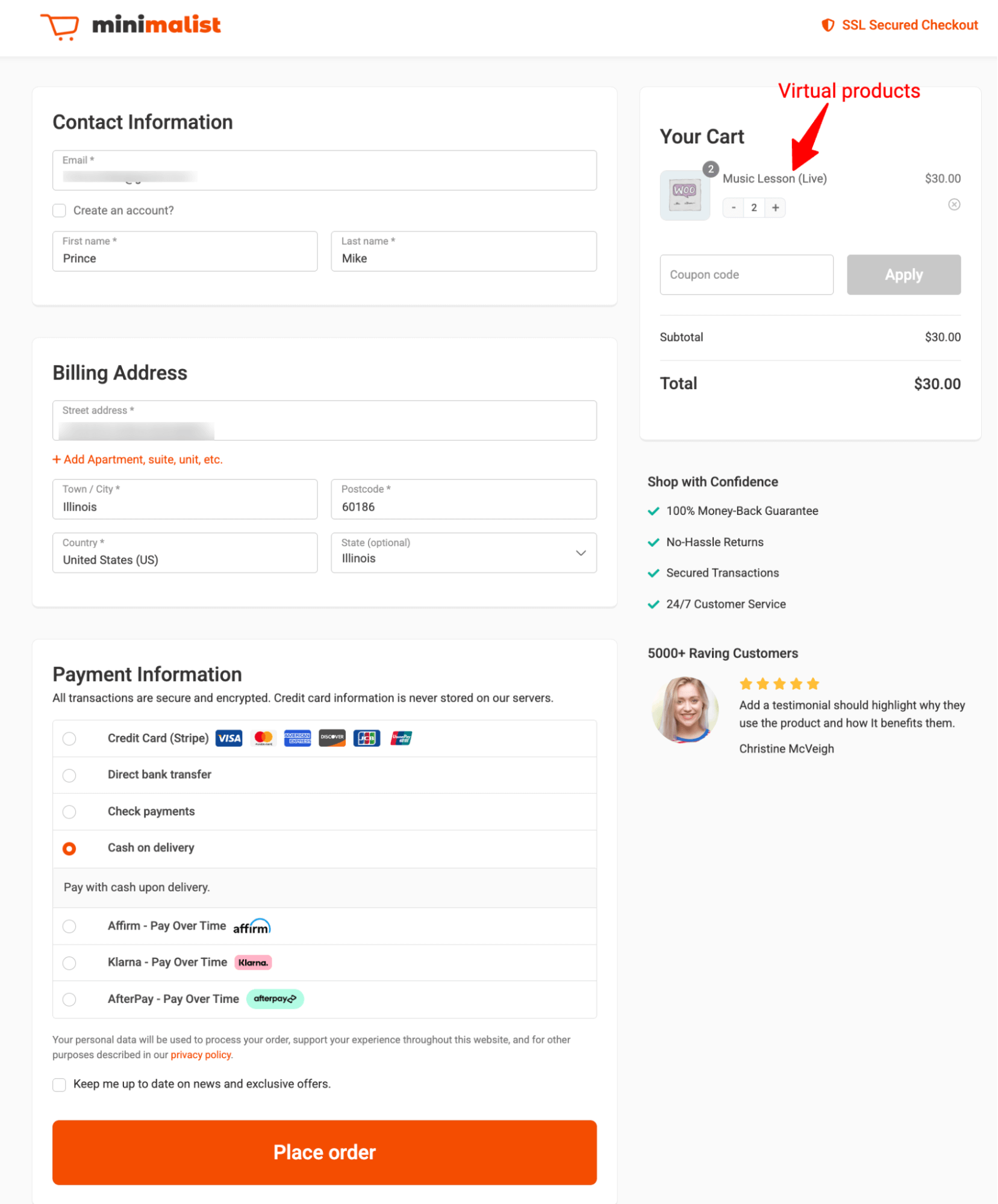 For the virtual product, the assigned virtual checkout will show up.