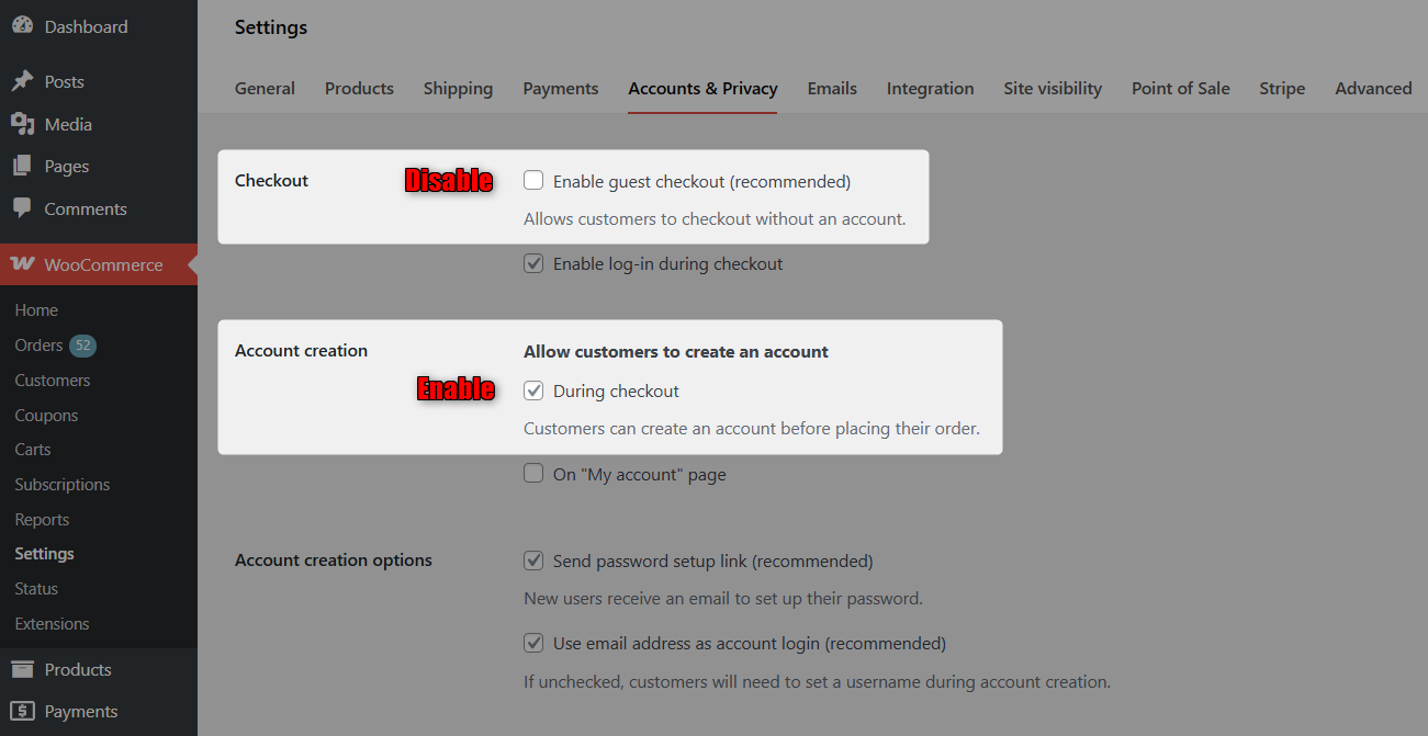 Configure woocommerce settings to guest checkout and account creation