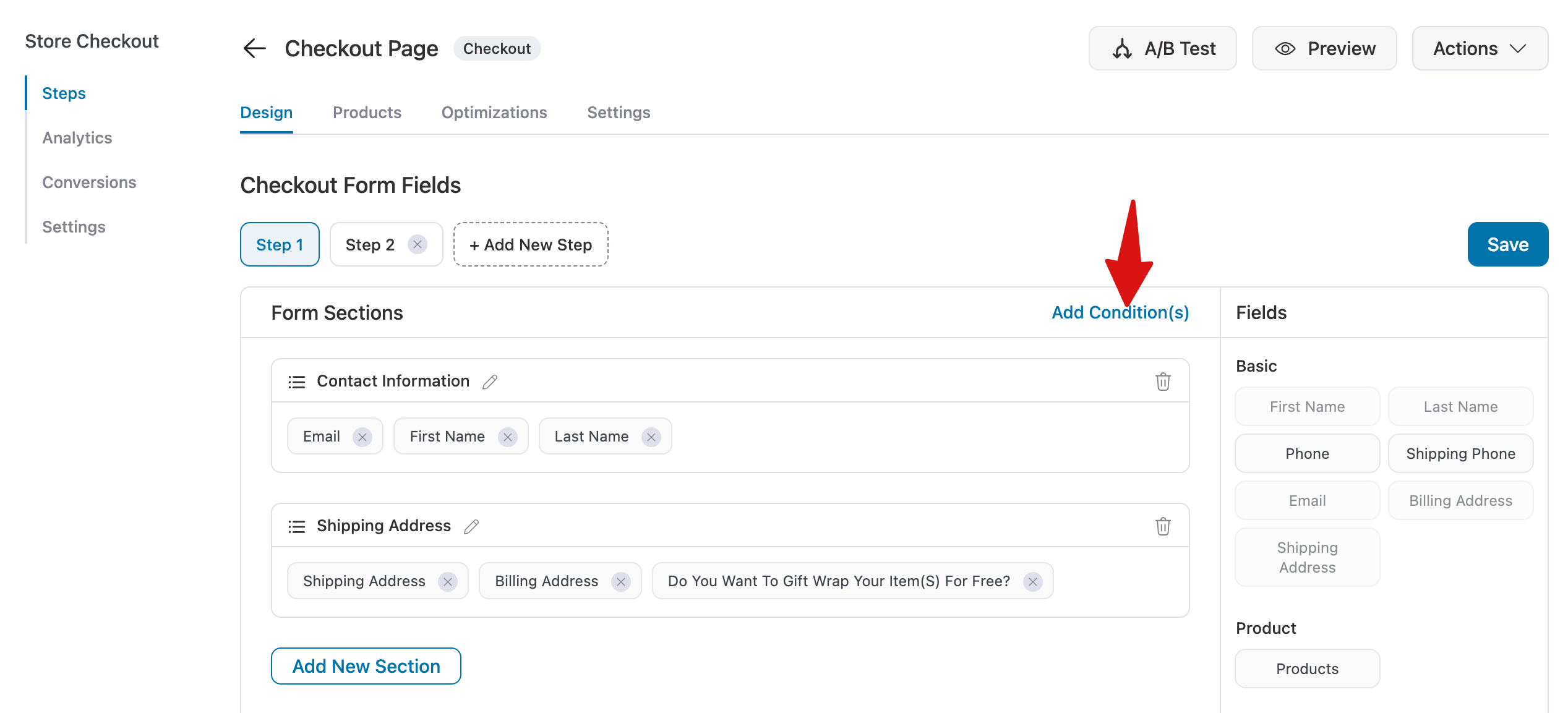 click on add conditions to add conditons to checkout field