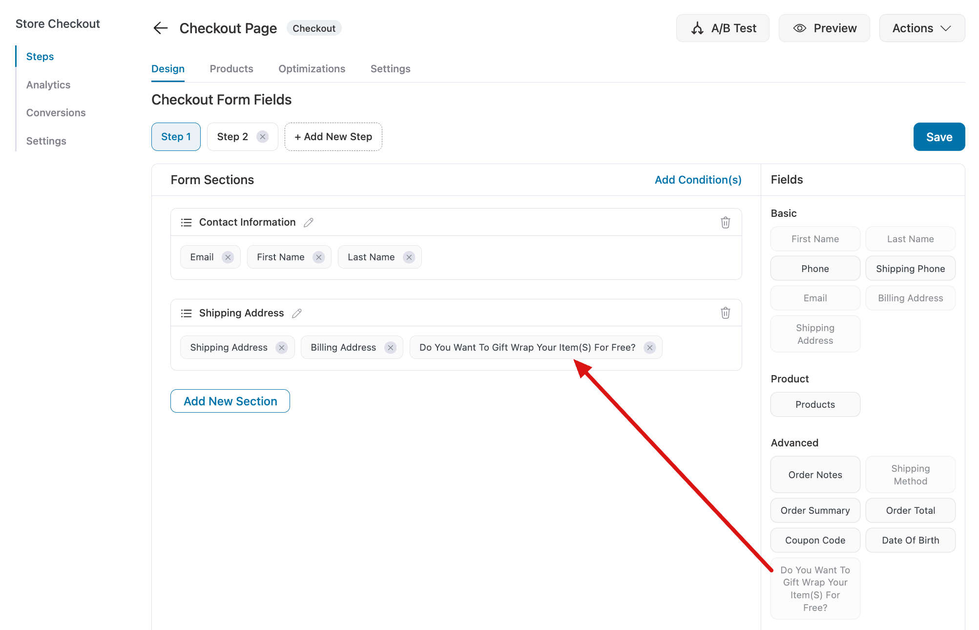 drag and drop custom field to checkout form