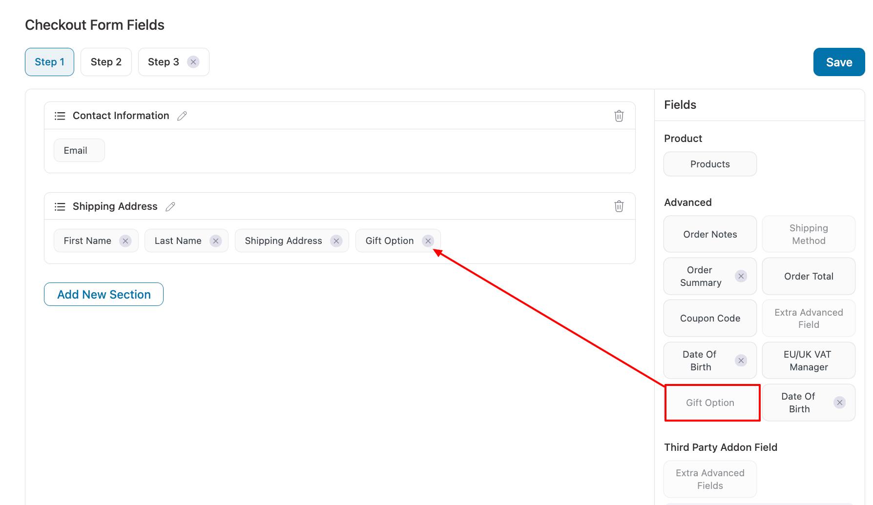 drag and drop the field to your desired section on the checkout page. 
