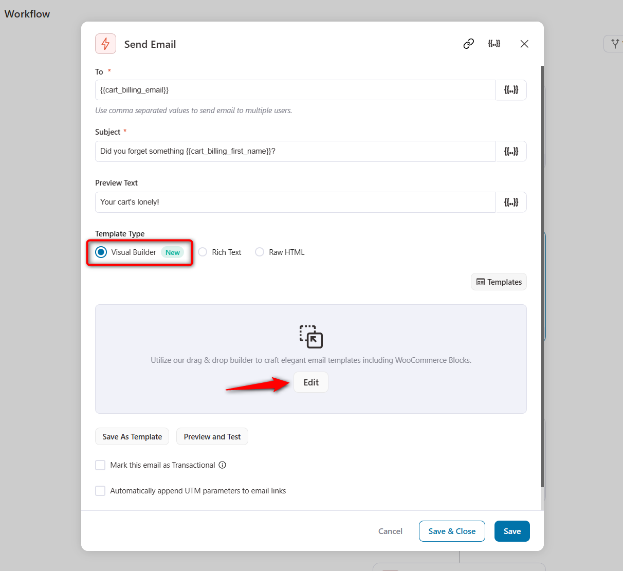Select the email template type: Rich text, Raw HTML and Visual Builder