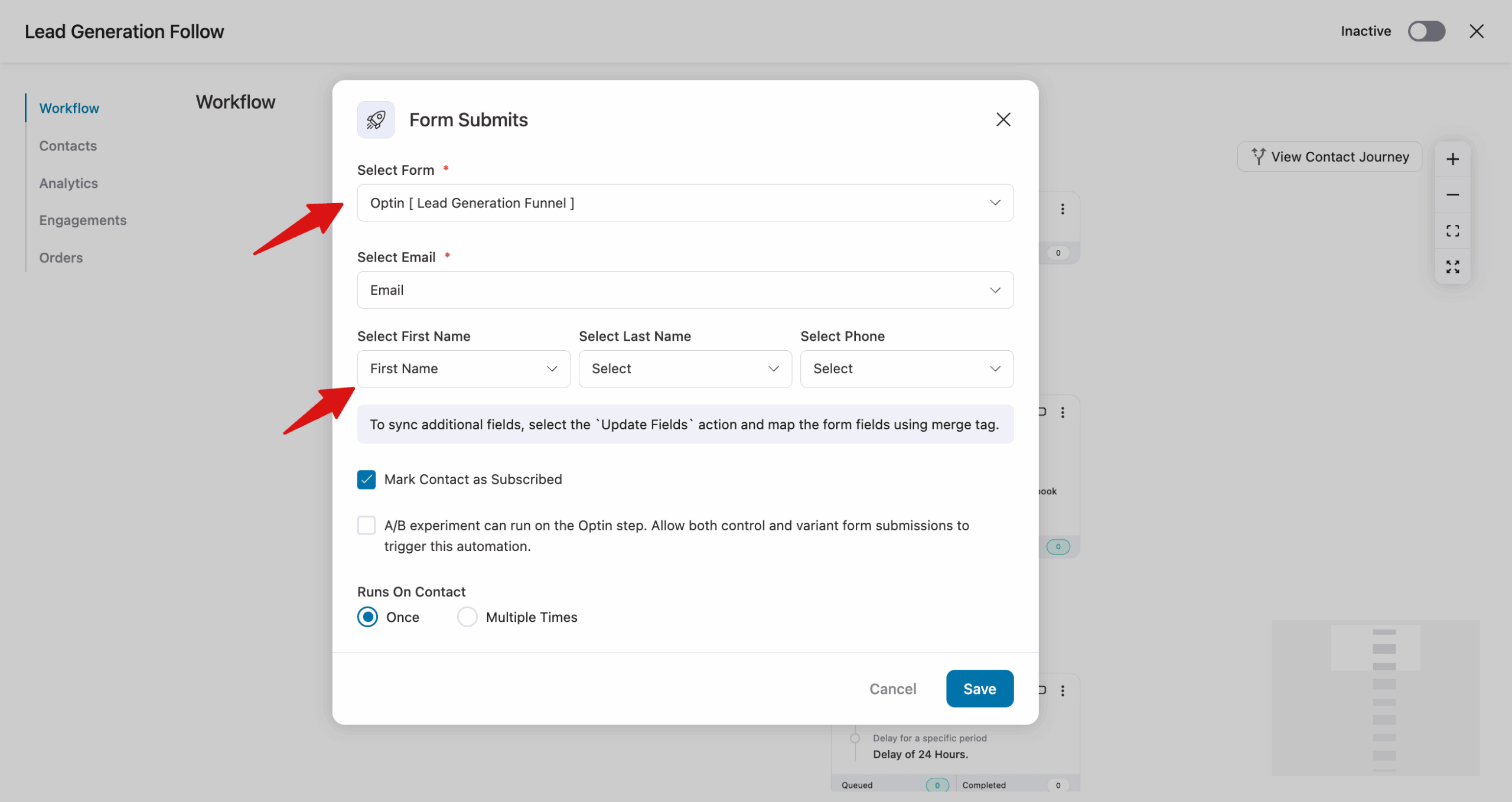 Set the trigger to _Form Submits_ under FunnelKit Optin Form, select your form and map its fields. You can mark the contacts as Subscribers.