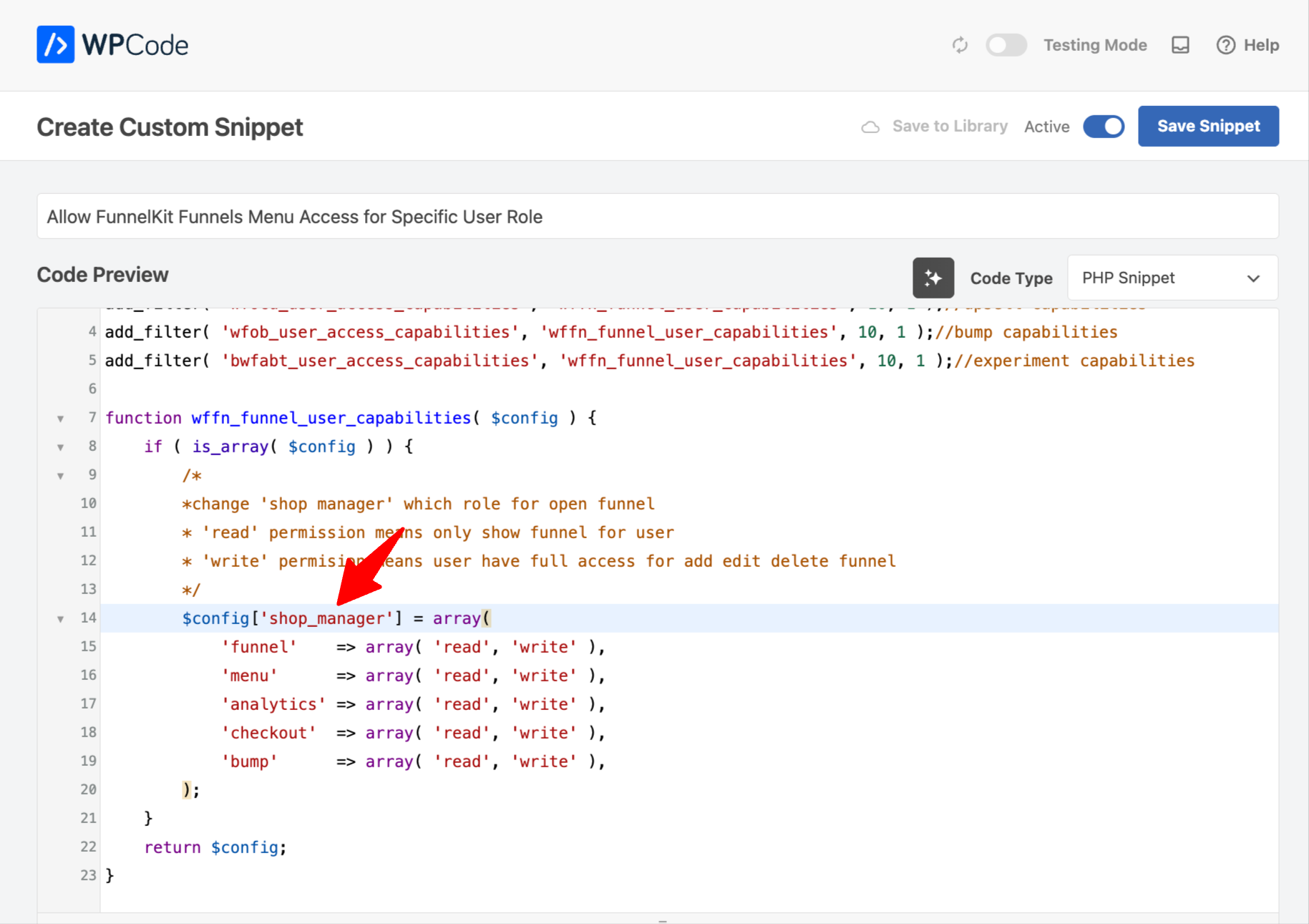 add code to allow Funnels menu access for specific user role