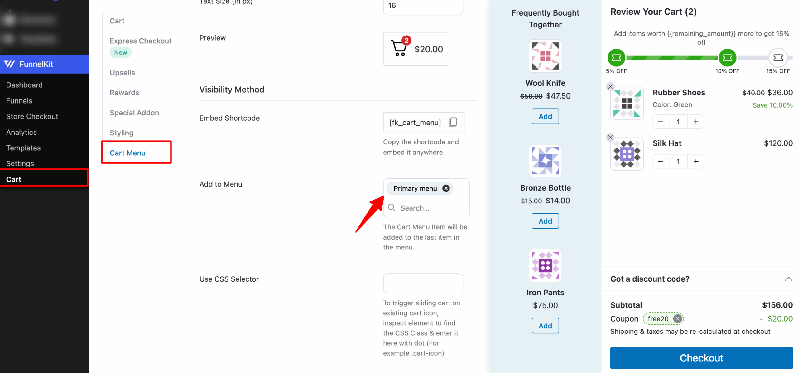 add funnelkit cart to menu