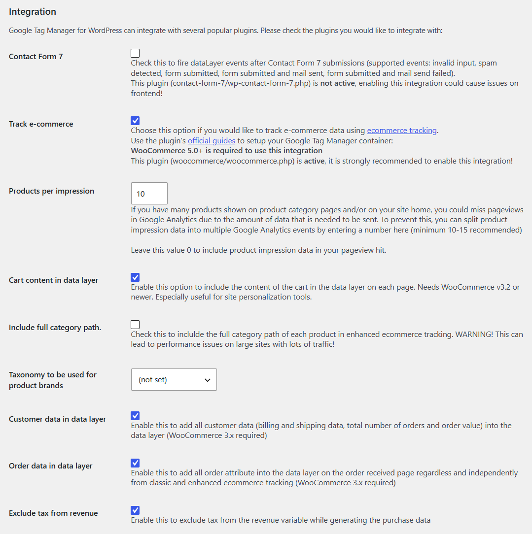 enable track ecommerce, cart content in data layer, order data and exclude tax from the revenue