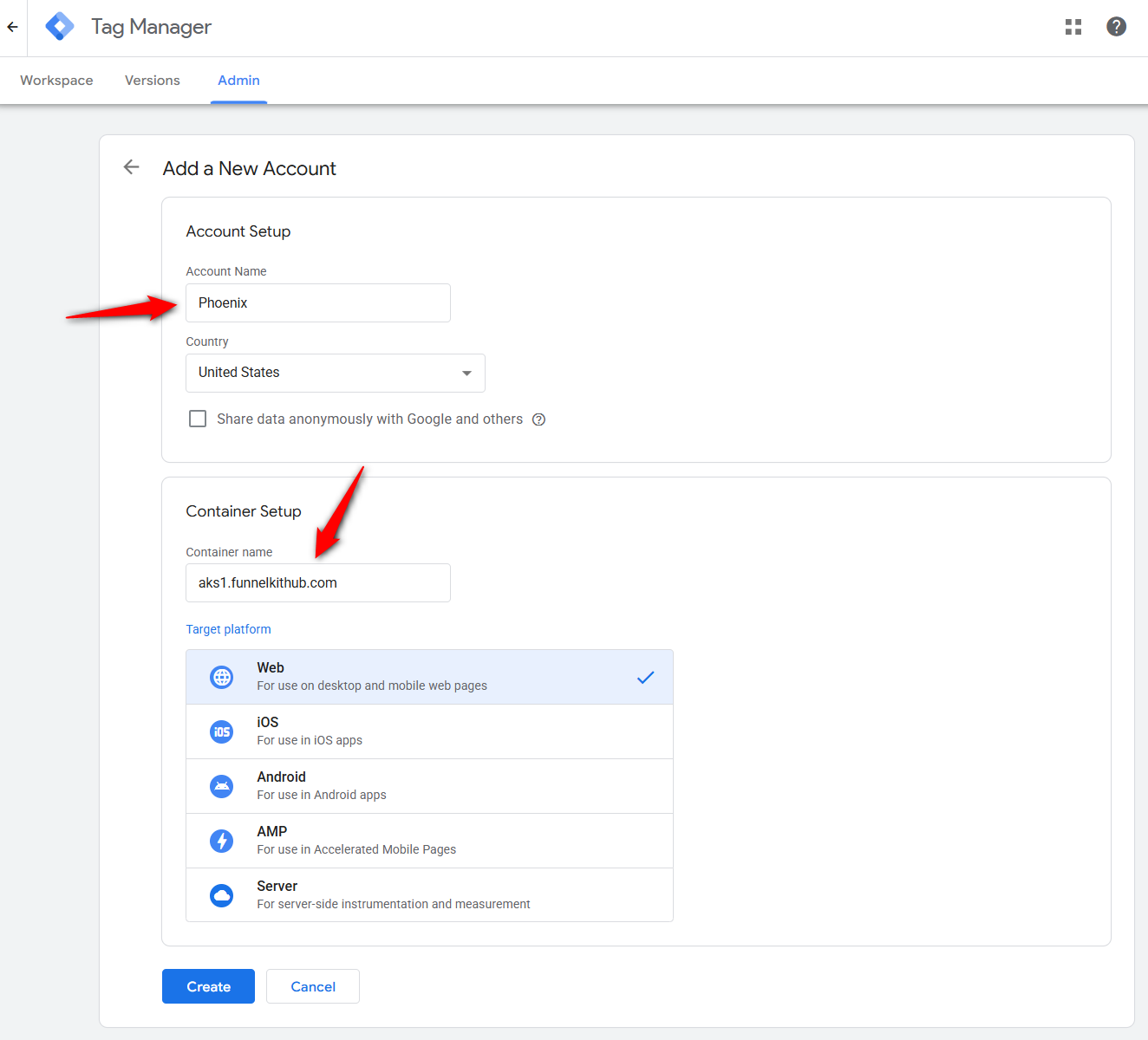 create the google tag manager account