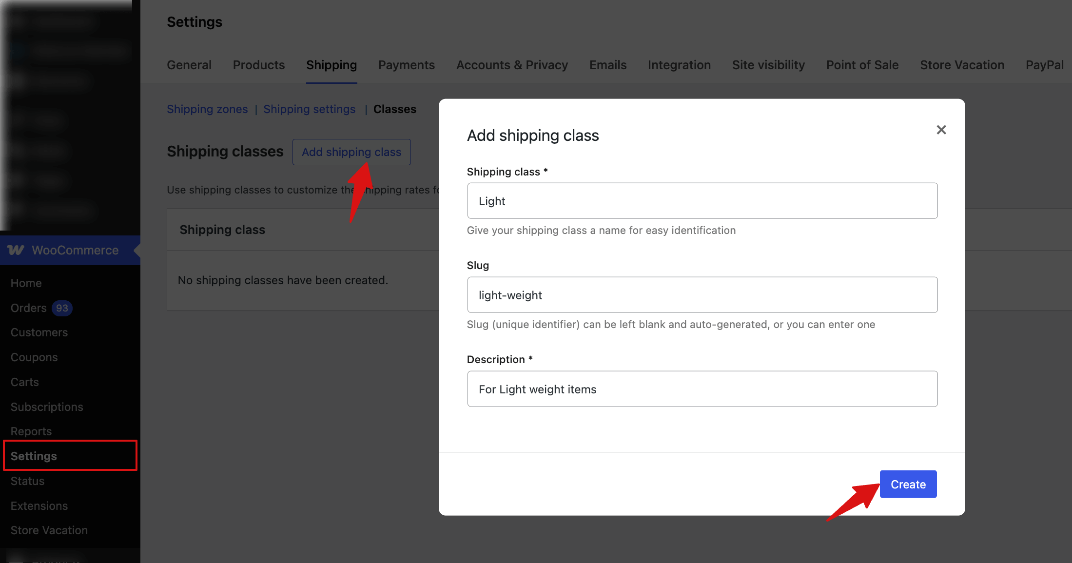 create shipping class in WooCommerce