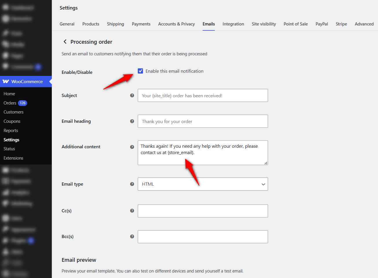 customize the subject, email heading and additional content
