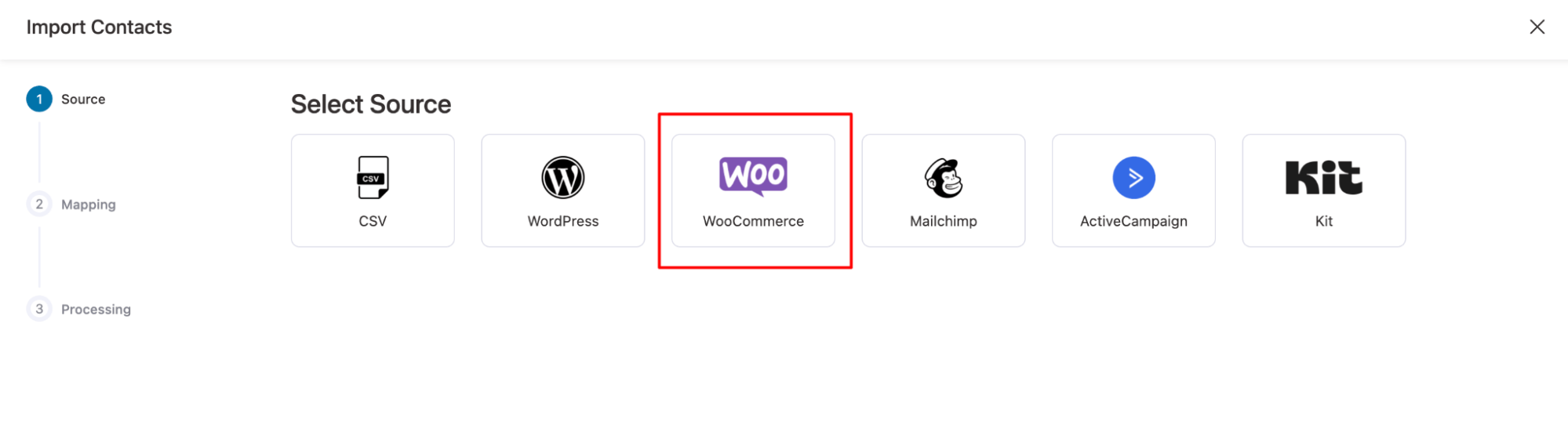 Select WooCommerce as the source.