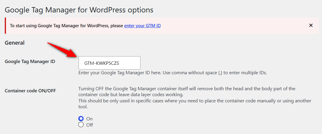 paste the google tag manager container ID into the GTM4WP plugin