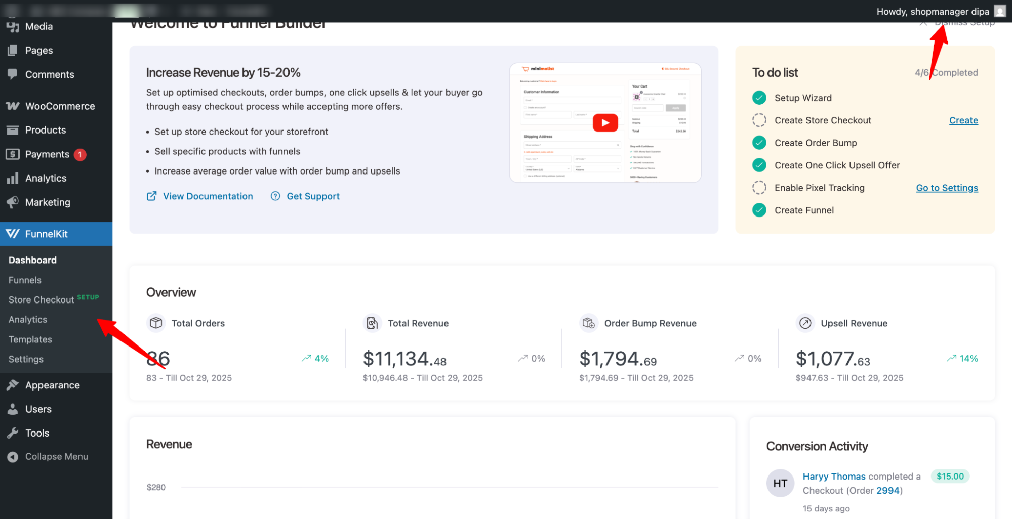 preview of allow Funnels menu access for specific user role