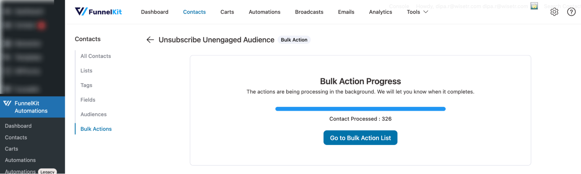 succes bulk action for Unsubscribe Unengaged Audience