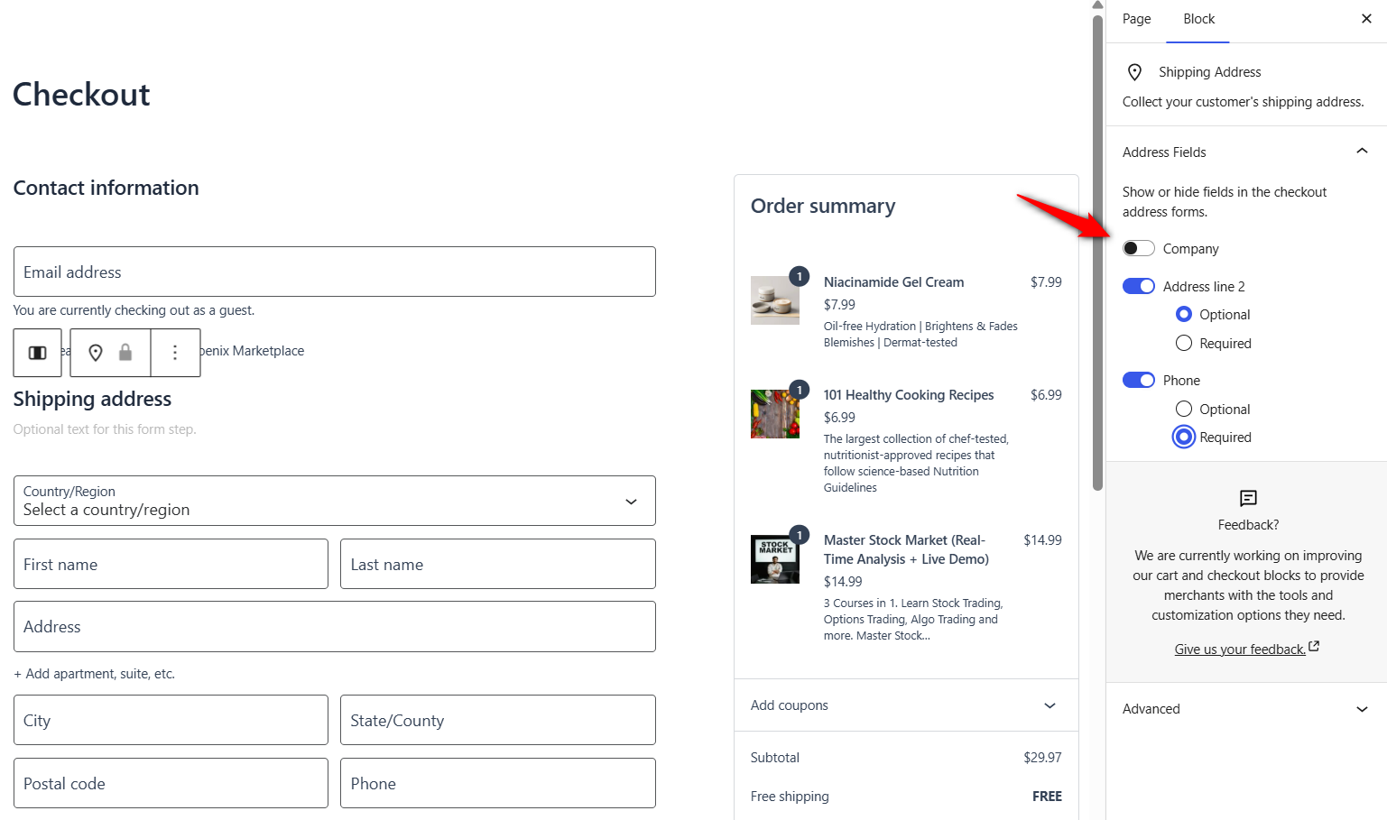 Toggle the block checkout fields on or off. Make the fields required or optional
