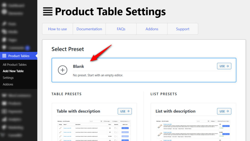 Create a new product table and choose a preset to start or from scratch.