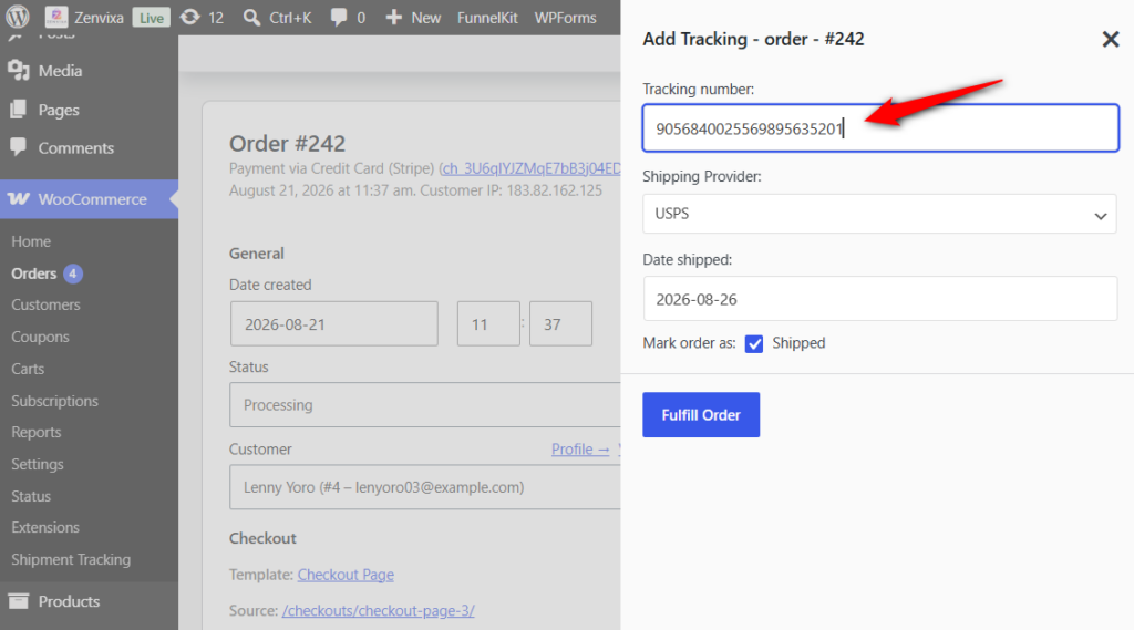 Open WooCommerce ⇨ Orders and find the Shipment Tracking panel in the sidebar, then select USPS, paste the tracking number, confirm the shipped date, and save.
