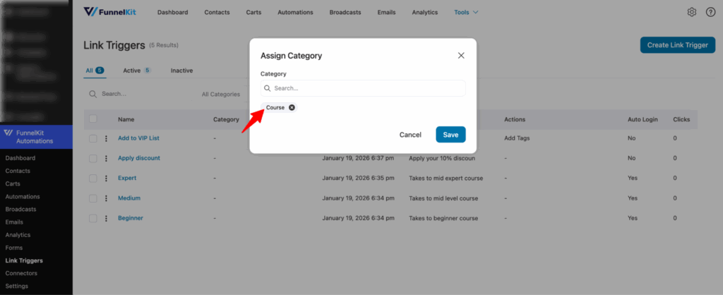 assign category to single link trigger