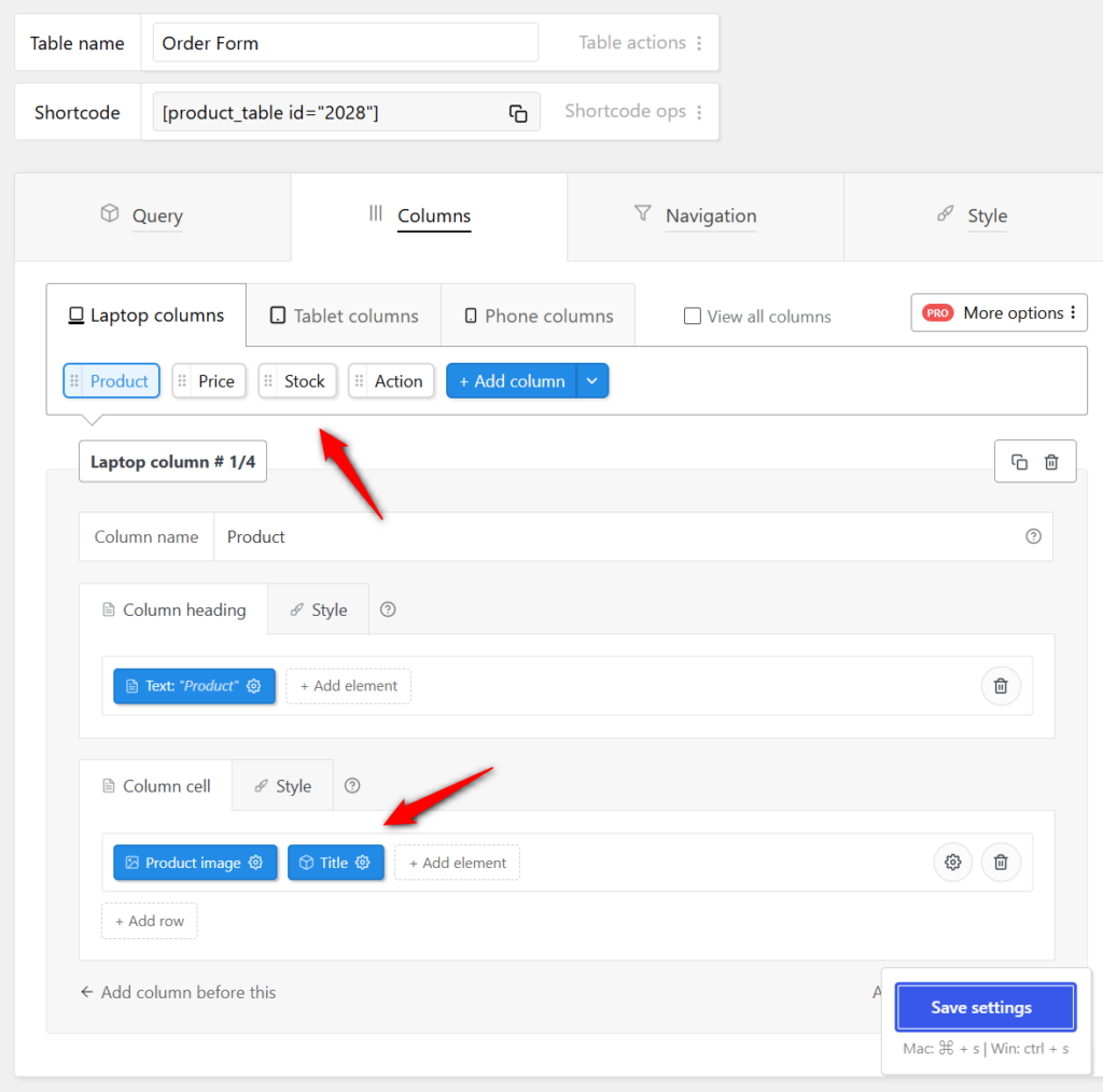 Select the columns product image, name, price, stock status, a quantity box (available in Pro), and an add-to-cart control. Add the row element to dynamically present the values against your table columns.