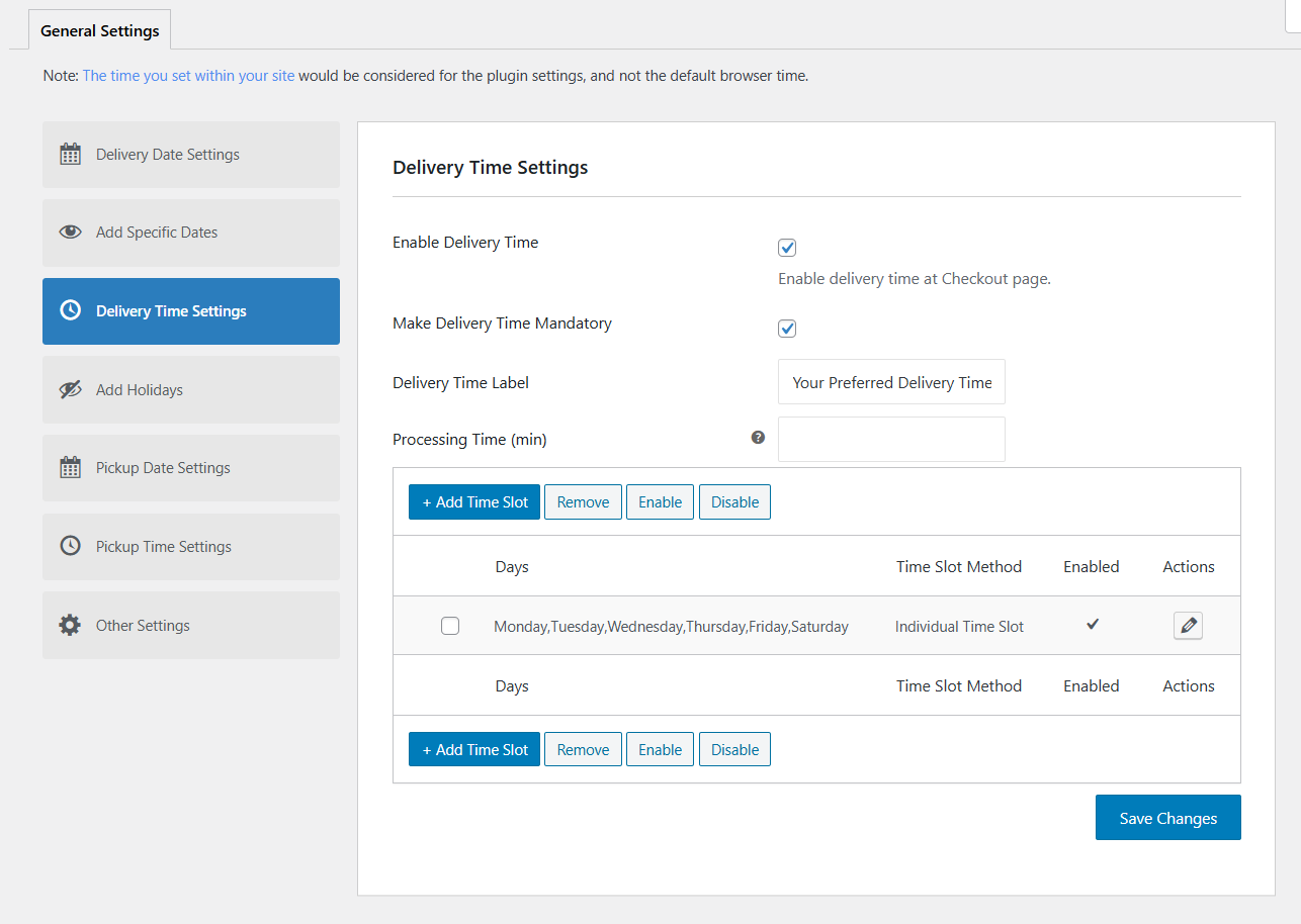 delivery time settings in woocommerce to configure delivery time label, time slots, pickup date or time, and more.