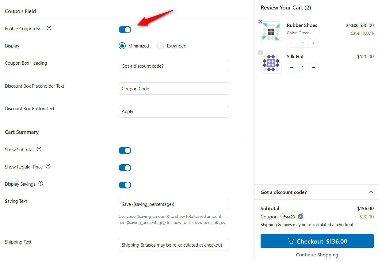 If you run frequent promotions, keep the coupon field visible so shoppers can apply codes without having to hunt for the cart page. If you rarely discount, hide it to remove a distraction that sends people off-site searching for codes.
