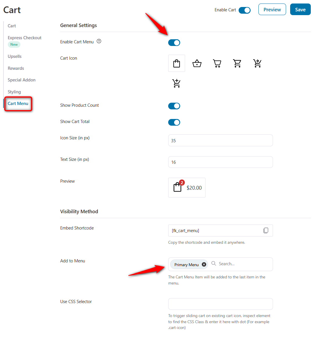 open the Cart Menu settings and append the cart icon to any WordPress menu. You can also embed the cart anywhere on your site using the built-in shortcode, which is useful for custom headers built with page builders.