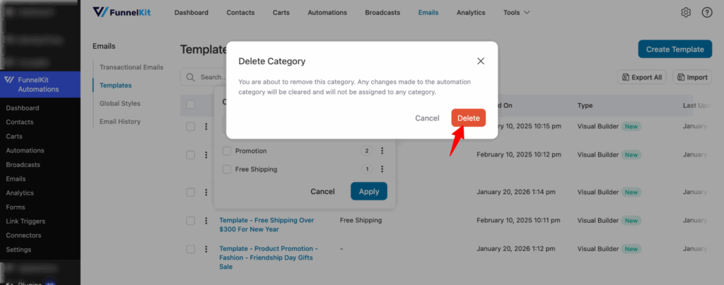confirm deleting email template category