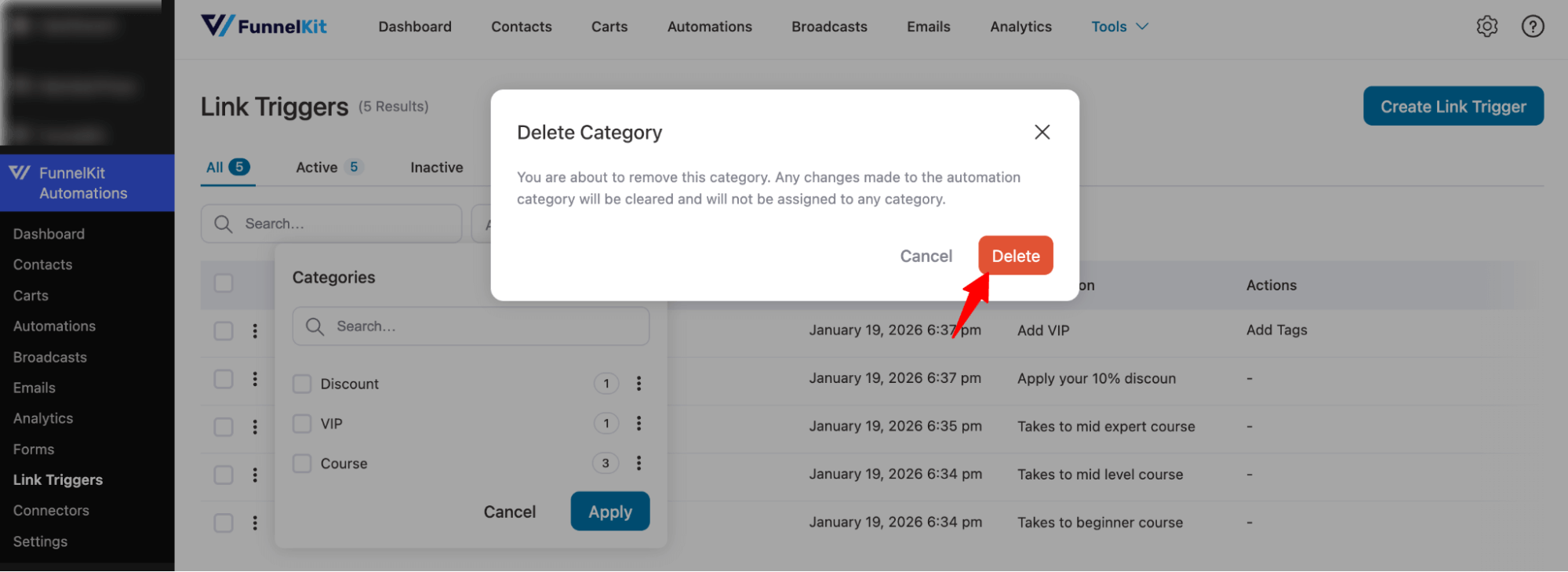 confirm deleting link trigger category