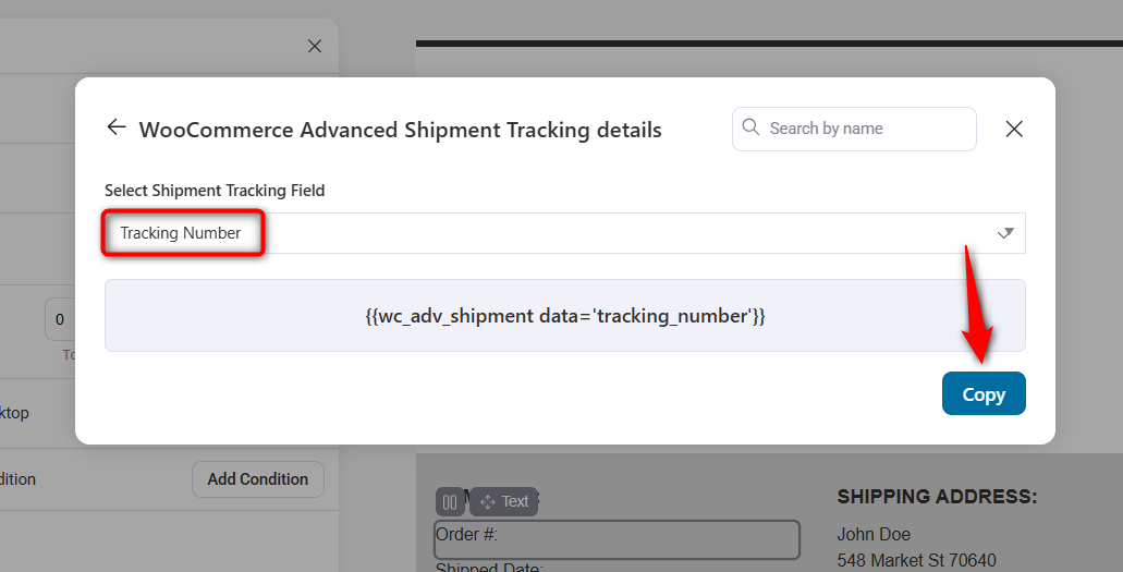 Copy the tracking number field merge tag
