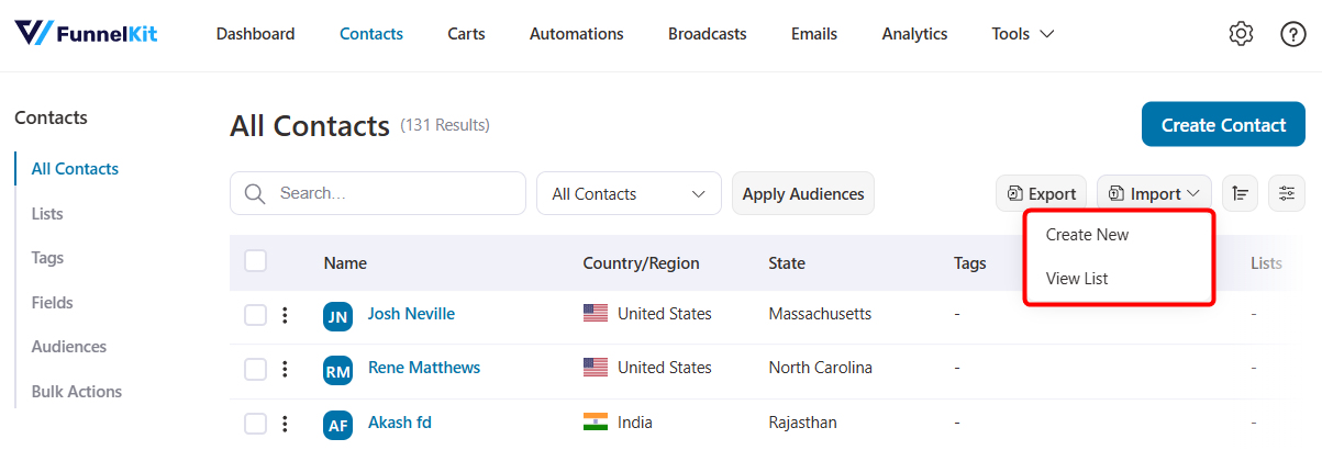 Create new or view list under import contacts in FunnelKit Automations 3.7.0