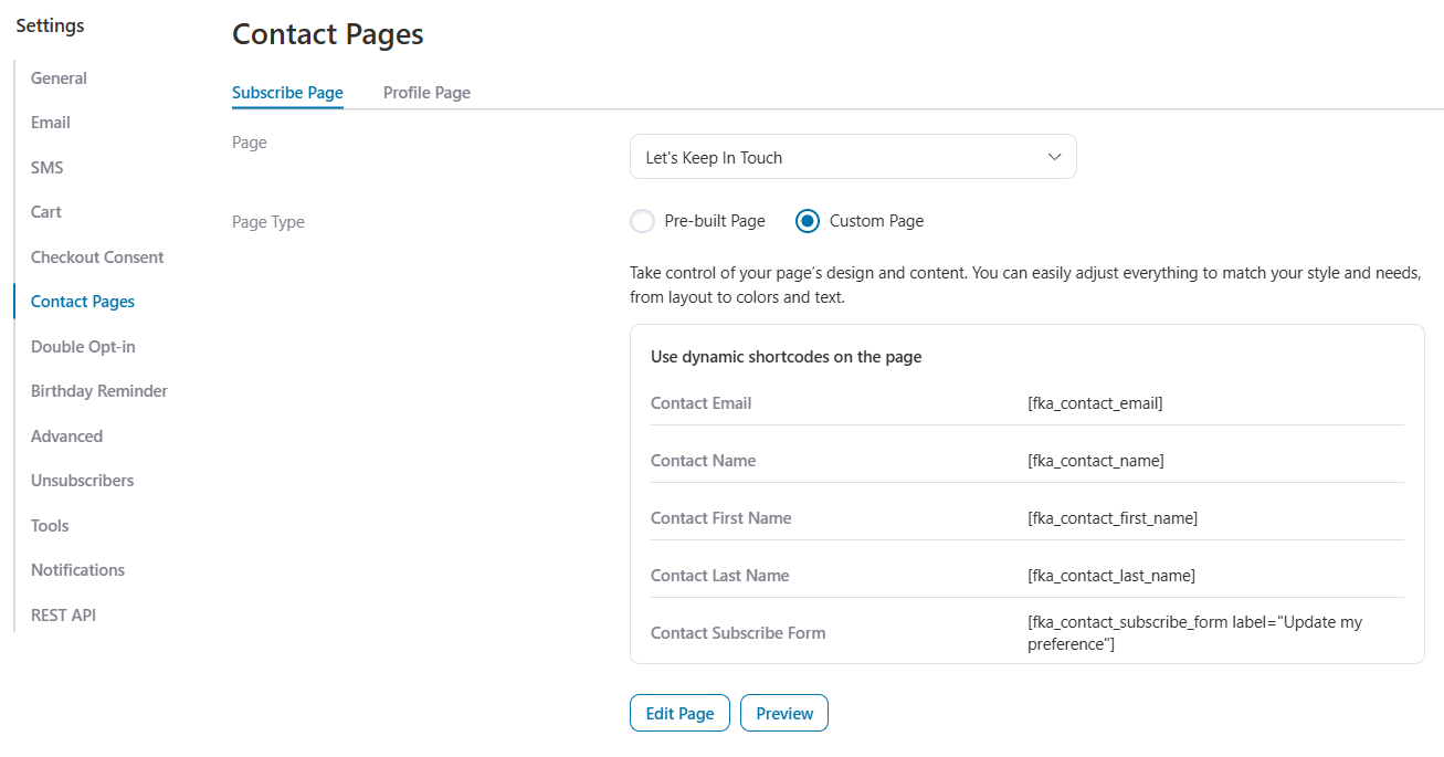subscribe page settings for custom page and customize it