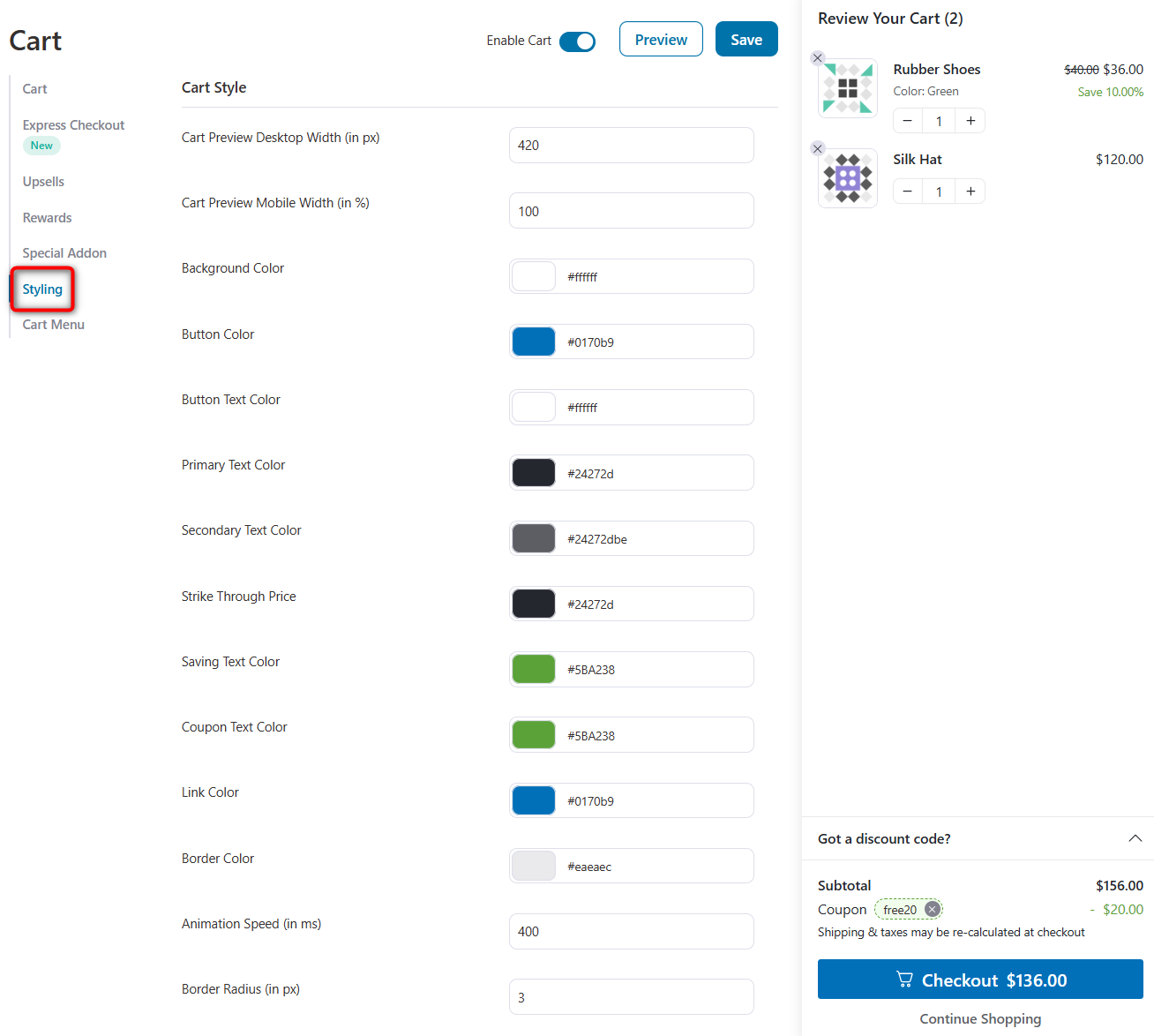Finally, apply your branding. Change the colors of the cart background, text, buttons, and upsell blocks to match your theme. 