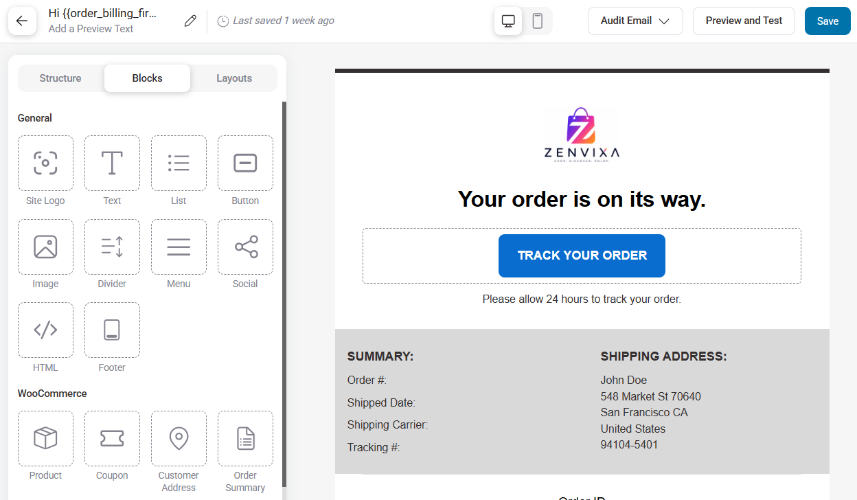 Customize the email with your brand logo, heading, text, colors, background, padding, and more. You can drag and drop any content block into the editor and start designing it the way you want.