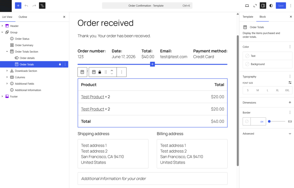edit the woocommerce thank you page blocks