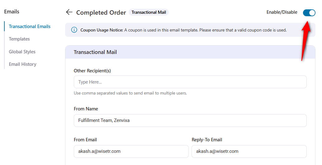 Turn the toggle to active to make your woocommerce shipping email go live