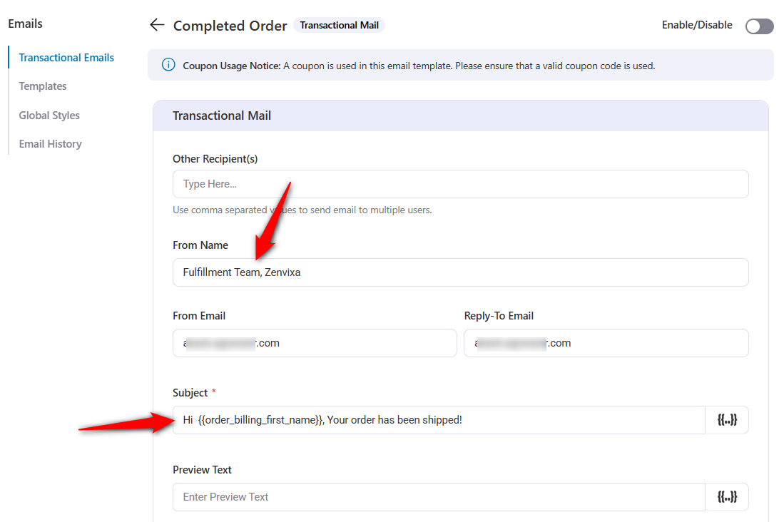Enter the From Name (which can be your name or team), From Email, Reply-to Email, subject line, and preview text.