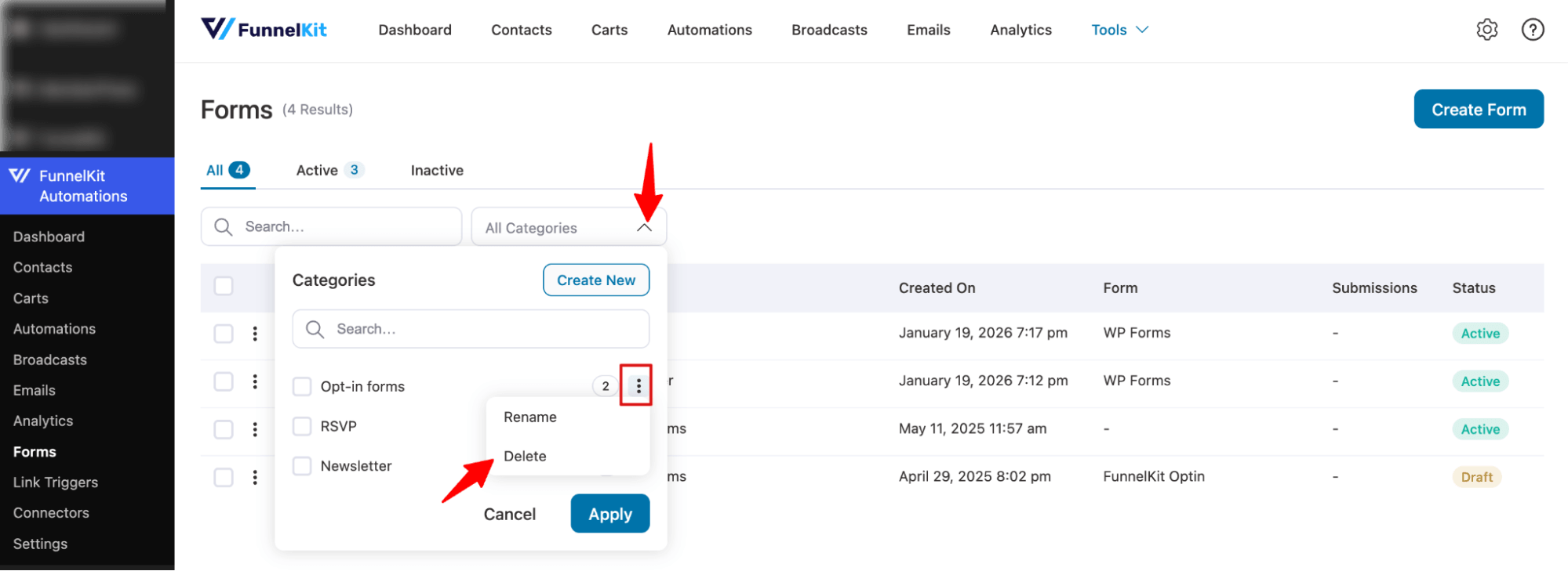 hit delete form categories