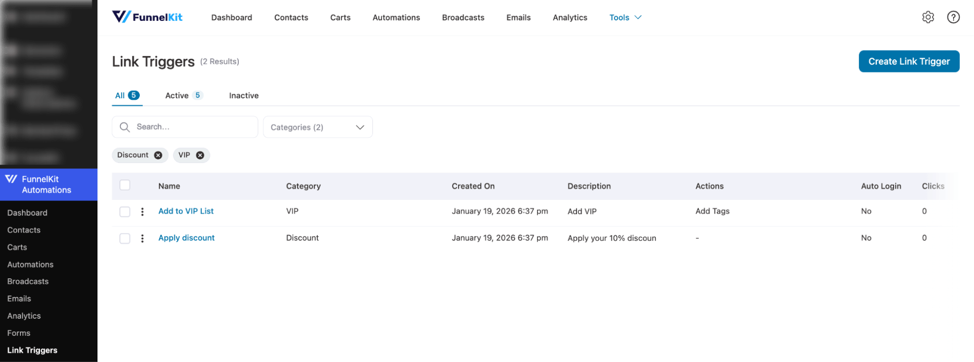 filtered link trigger categories