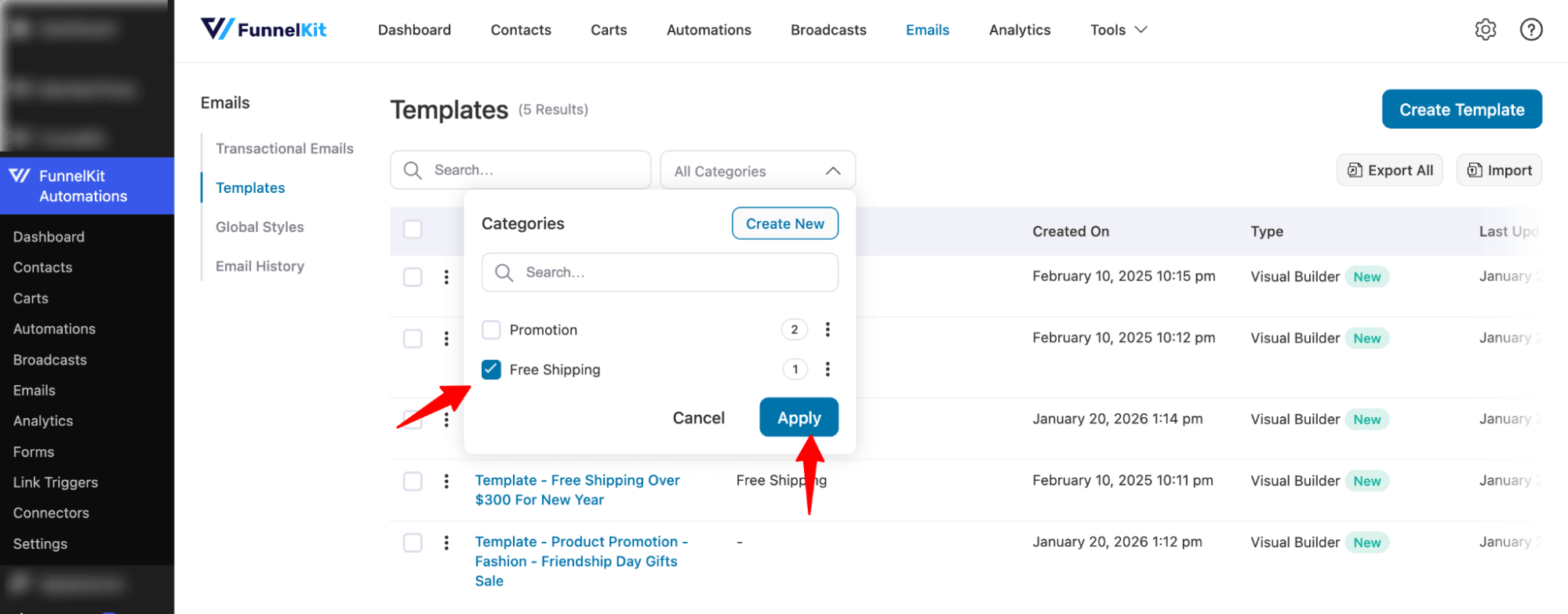 filter email template category