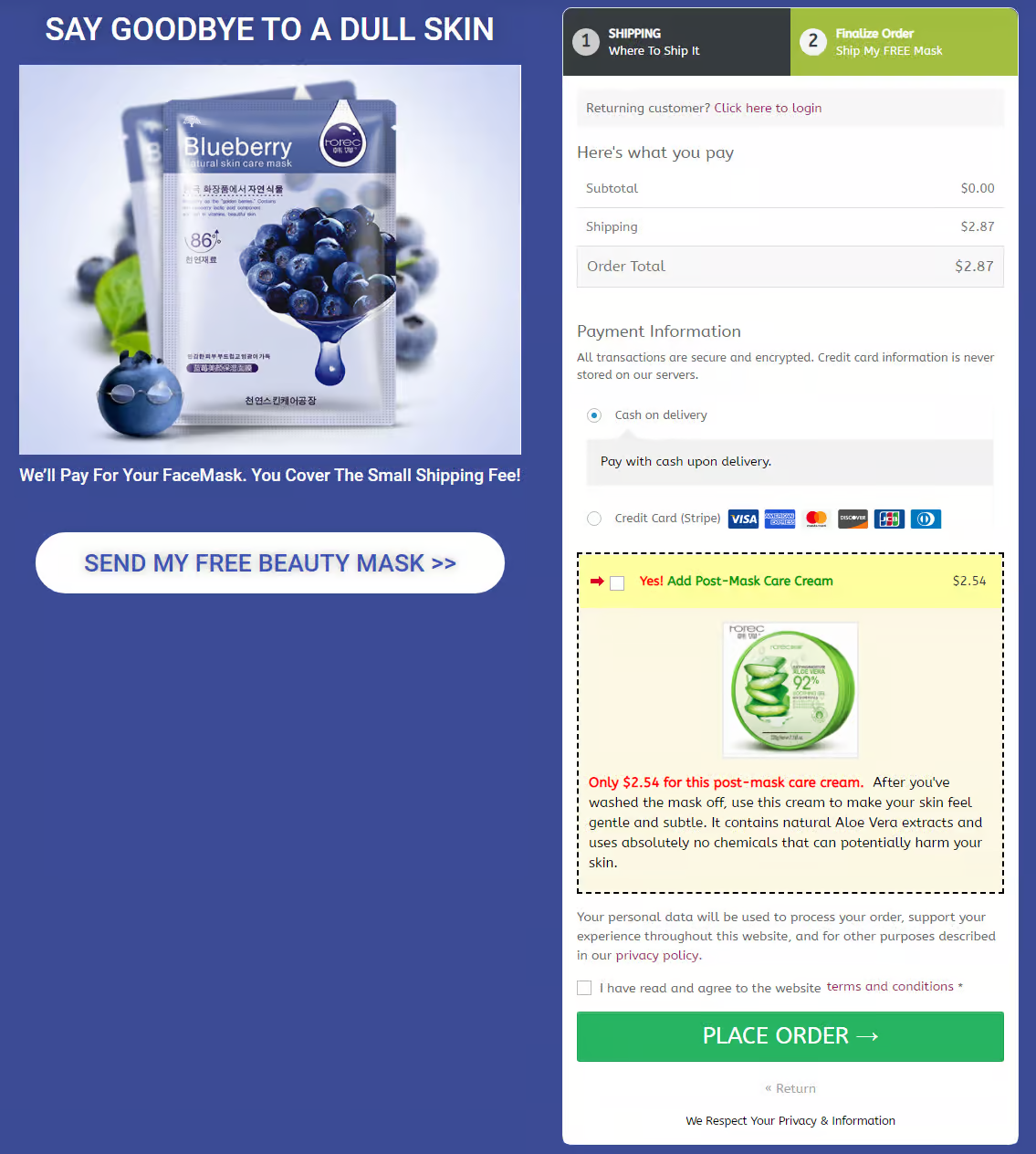 Checkout with a free face mask and an under-eye patch order bump