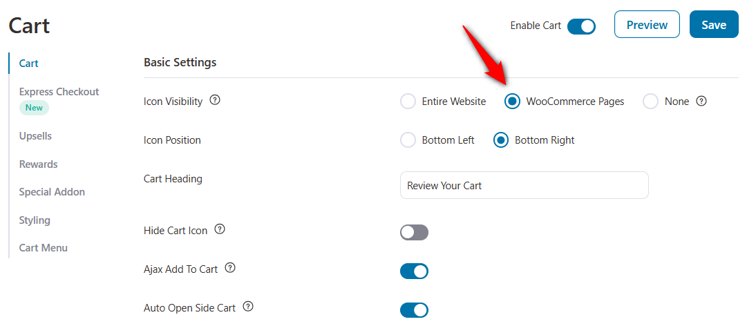 Show it across the entire website, only on WooCommerce pages, or hide it and trigger the cart from your menu instead.
