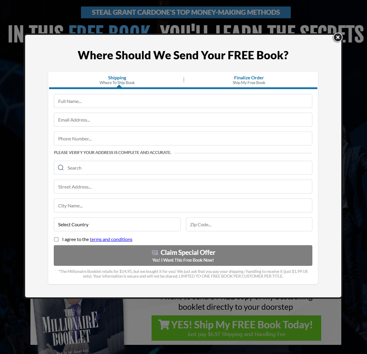 Free book offer page with a two-step order form and $4.97 shipping