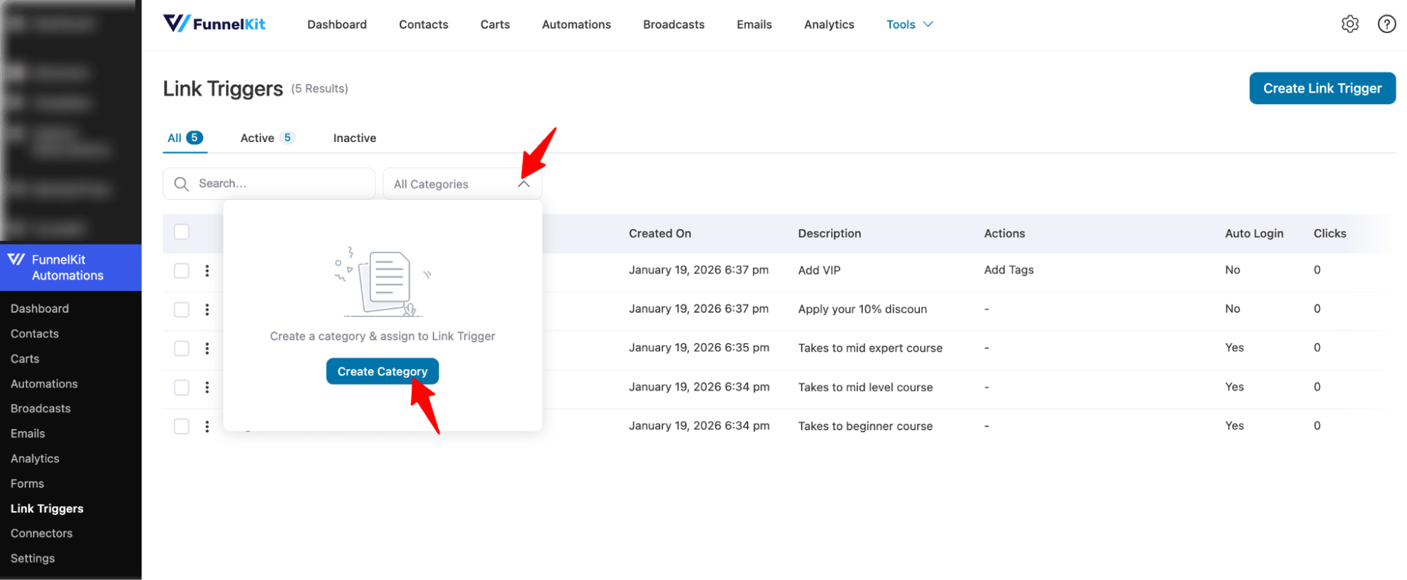 hit create category link triggers