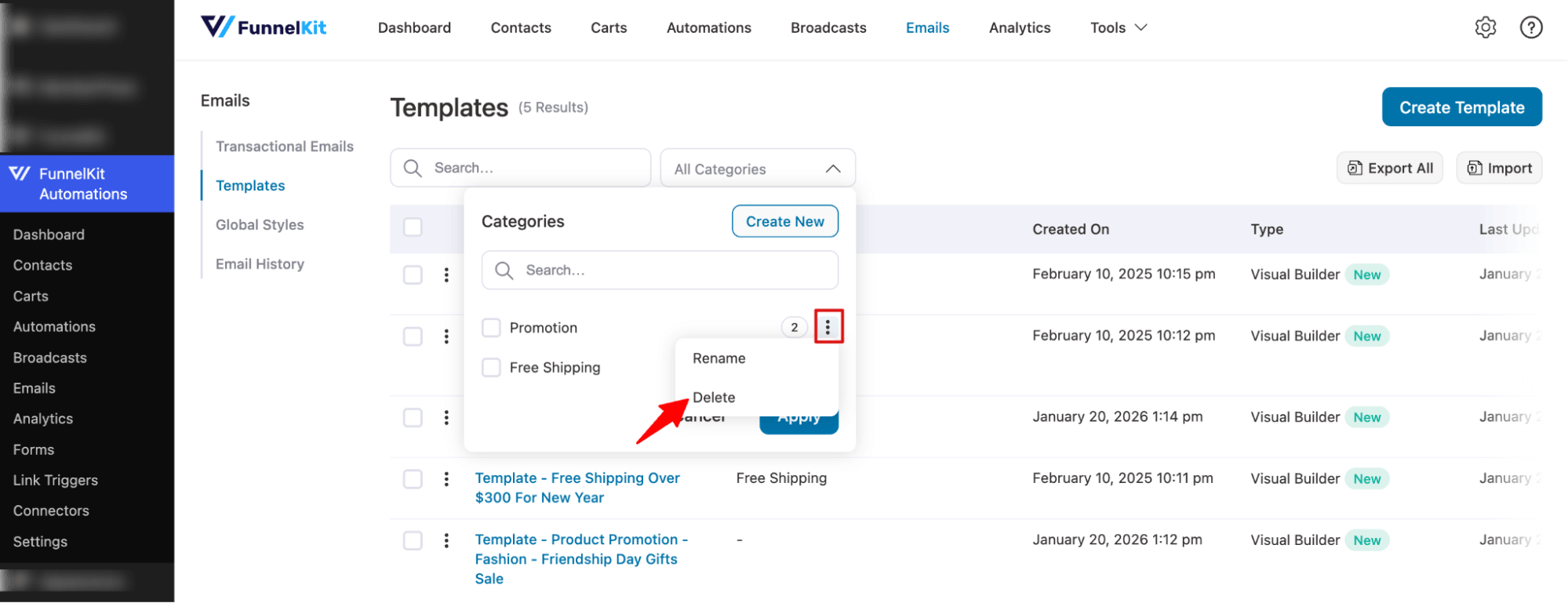 hit delete email template category