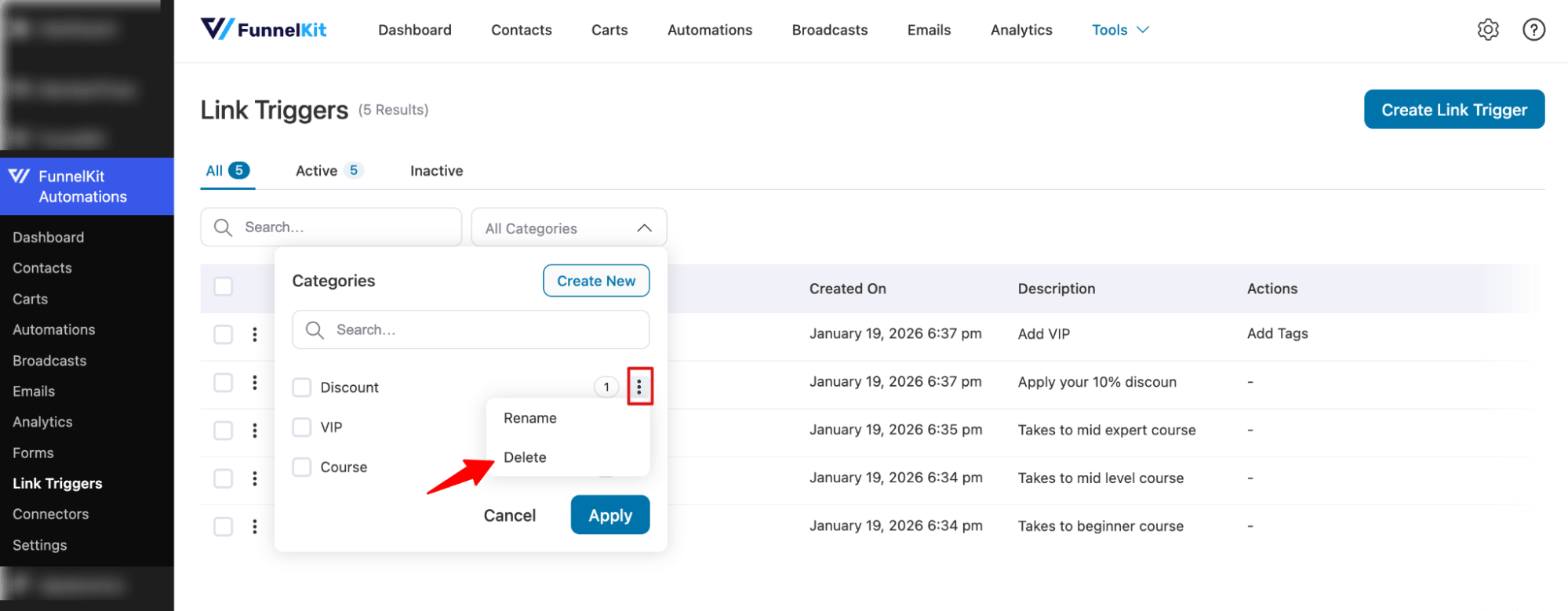 hit delete link trigger category