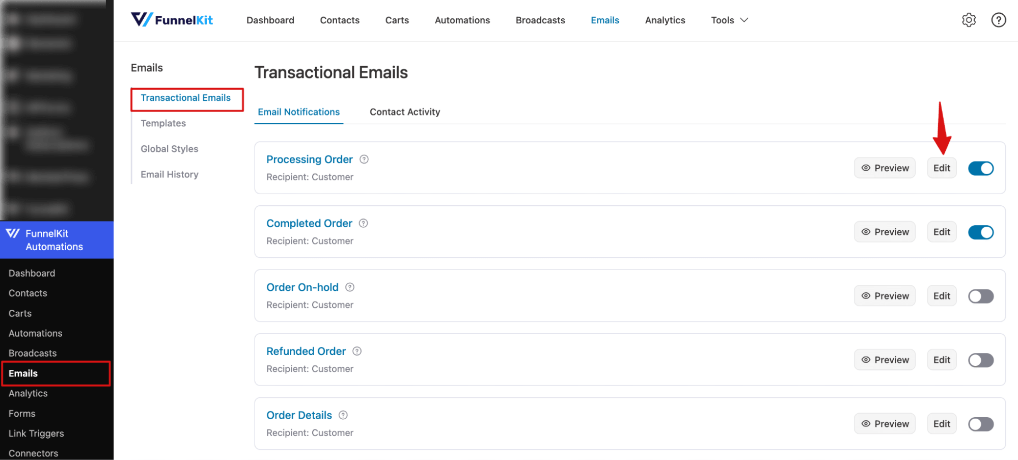 navigate to transactional emails to add conditional blocks