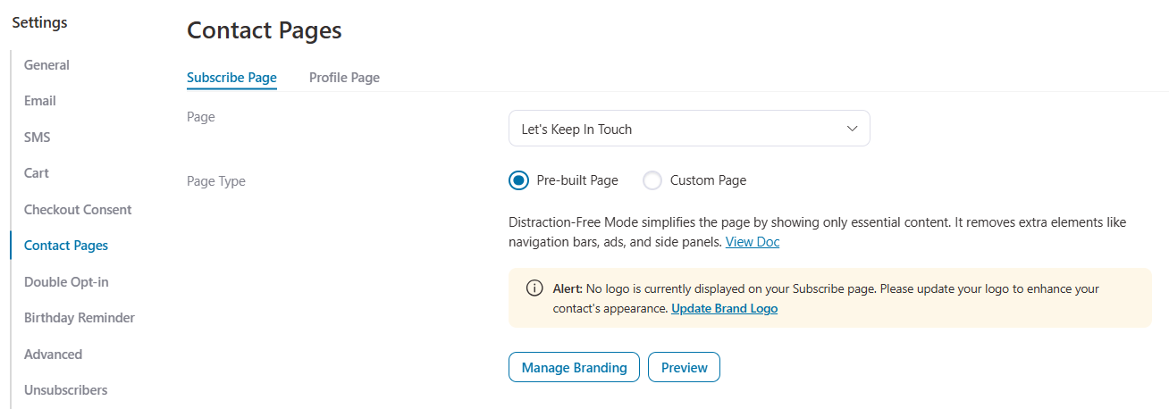 subscribe page settings for pre-built page and manage branding