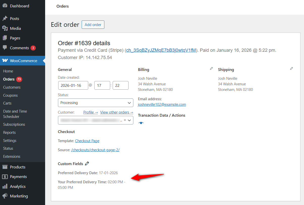 see the custom field value like delivery date and time inside woocommerce order details meta