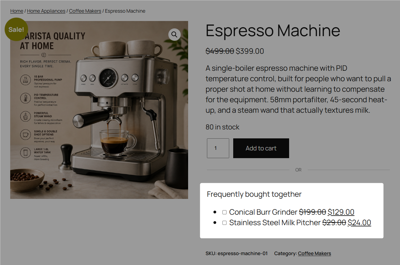 This is how frequently bought recommendations will appear on your product page using custom code