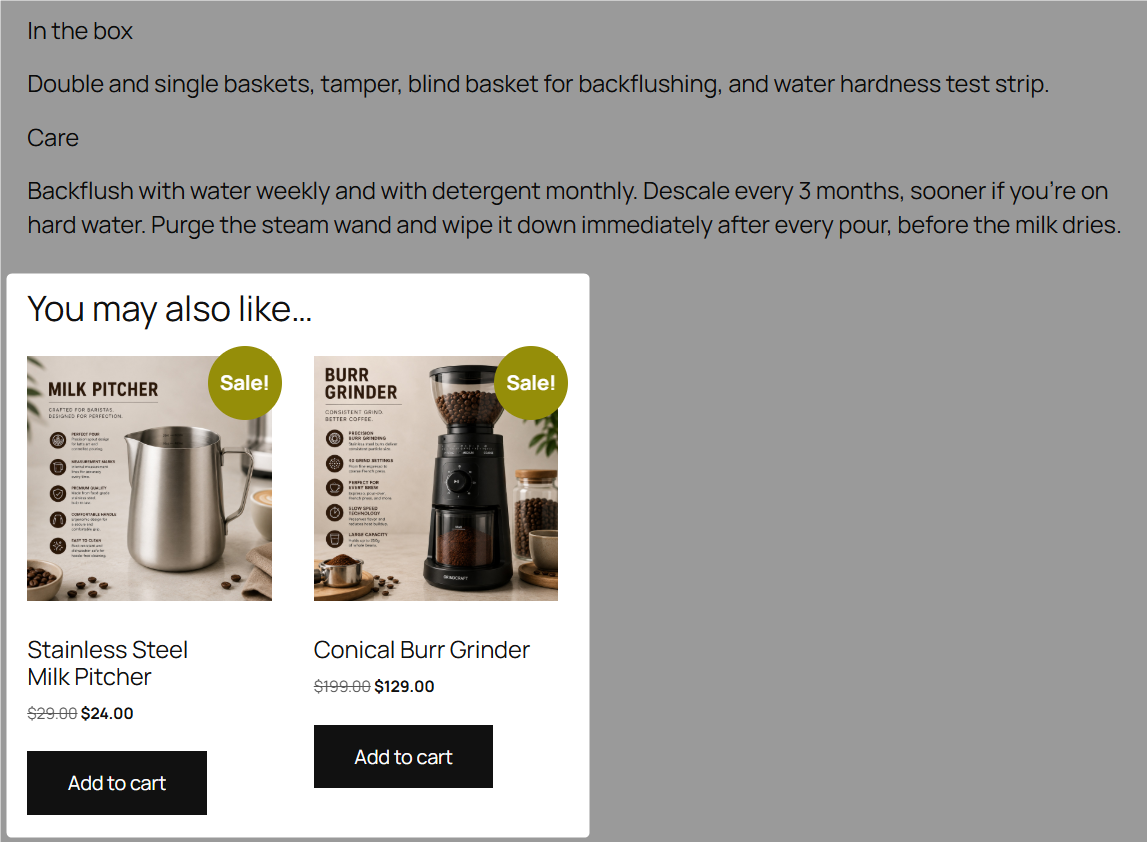 native upsells tab - WooCommerce renders them at the bottom of the product page.