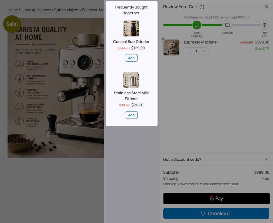 preview of the frequently bought together products inside the funnelkit cart